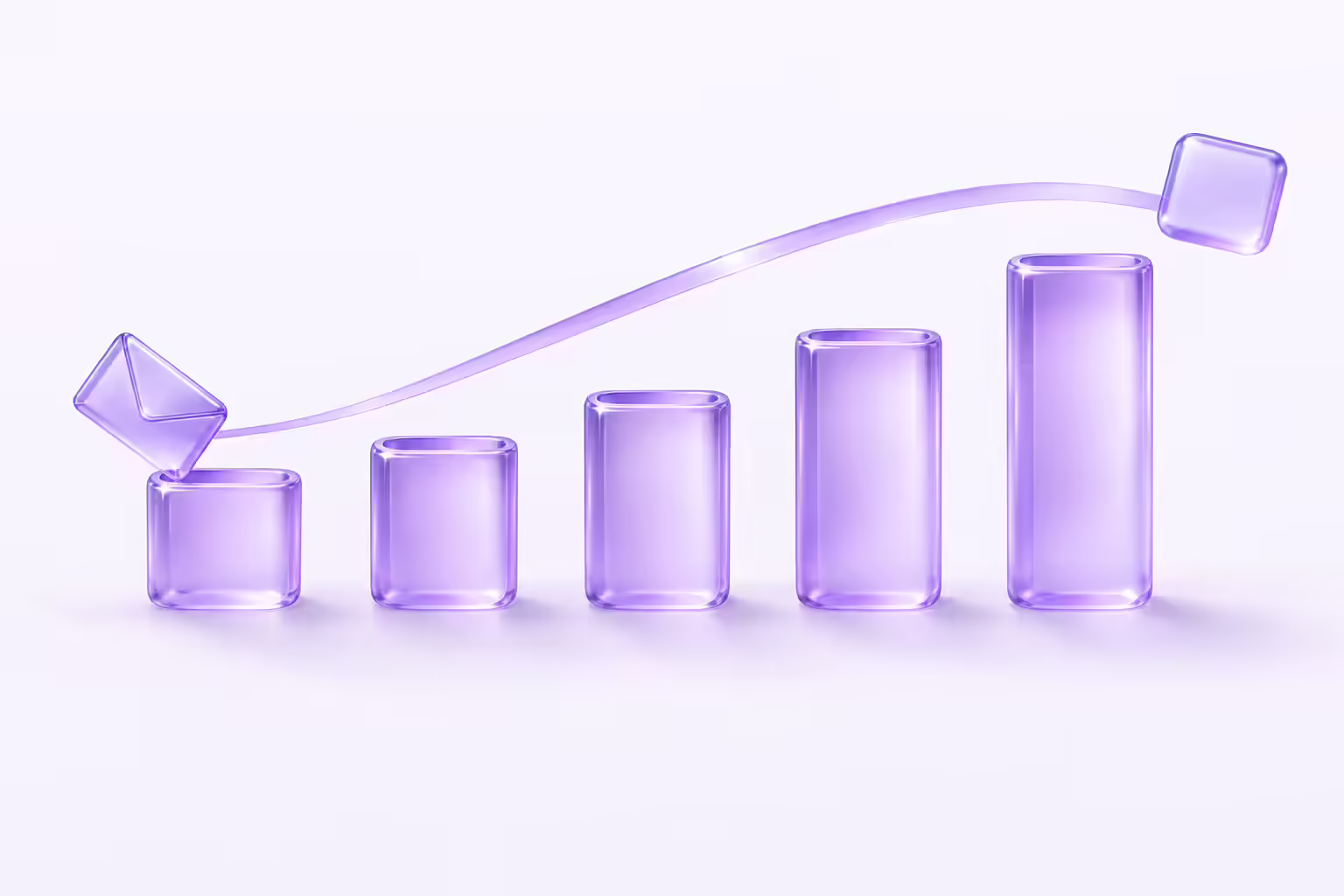 Five ascending violet glass posts on a pale violet ground, a glass envelope tipping into the first post and a small glass tile rising clear of the last, linked by a thin arcing ribbon
