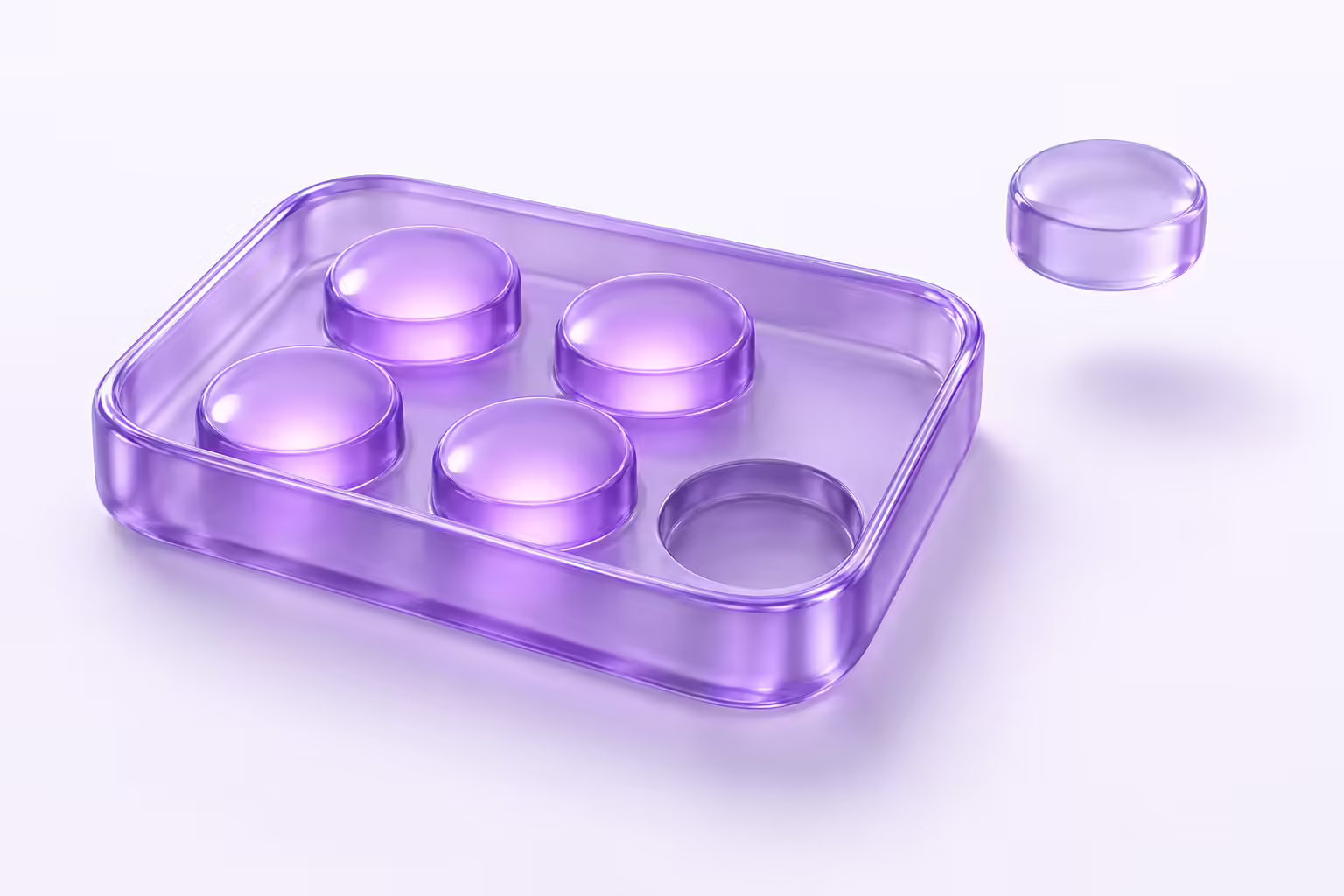 A violet glass tray on a pale violet ground holding four glowing glass tokens in recessed wells, with a fifth well empty and its unlit token floating outside the tray