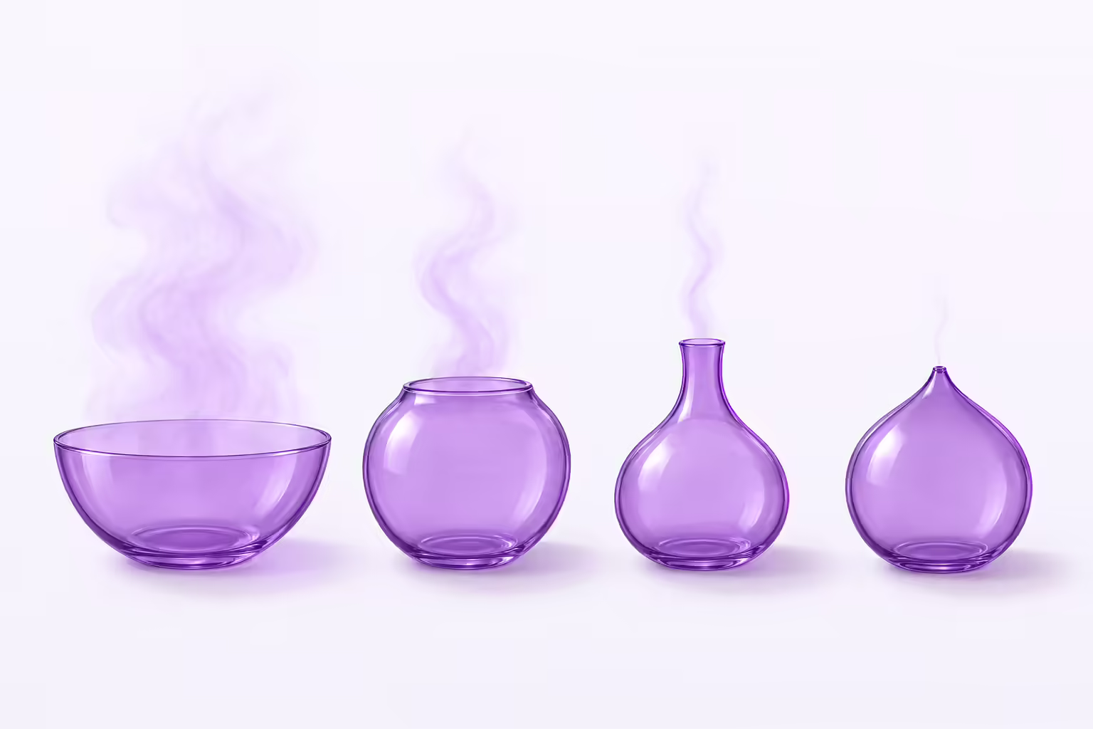 Pale violet diagram of four purple glass vessels in a row whose mouths narrow from a wide open bowl to a nearly sealed pinhole, each releasing a plume of vapour scaled to the size of its opening.