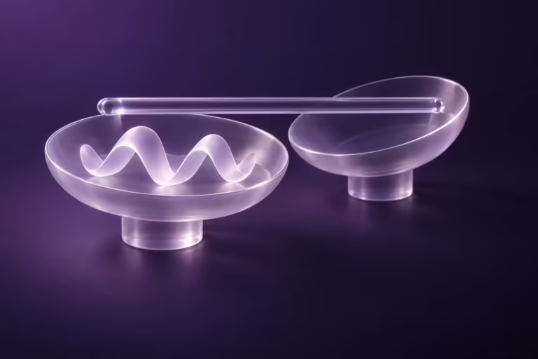 Dark violet render of two frosted glass pedestal dishes, one holding a glowing coiled glass ribbon shaped like a sound waveform and one empty and tipped on its side, with a slender clear glass bar resting level across both rims.