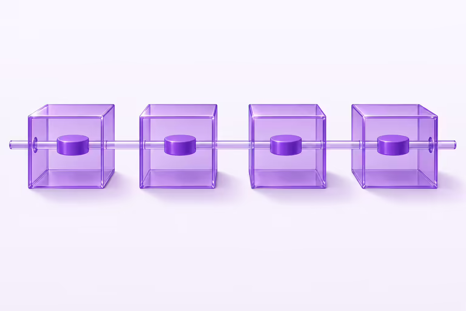 Pale violet diagram of four separate purple glass boxes in a row threaded by one straight clear glass rod that passes through every box and lifts an identical violet disc out of each of them to the same height.