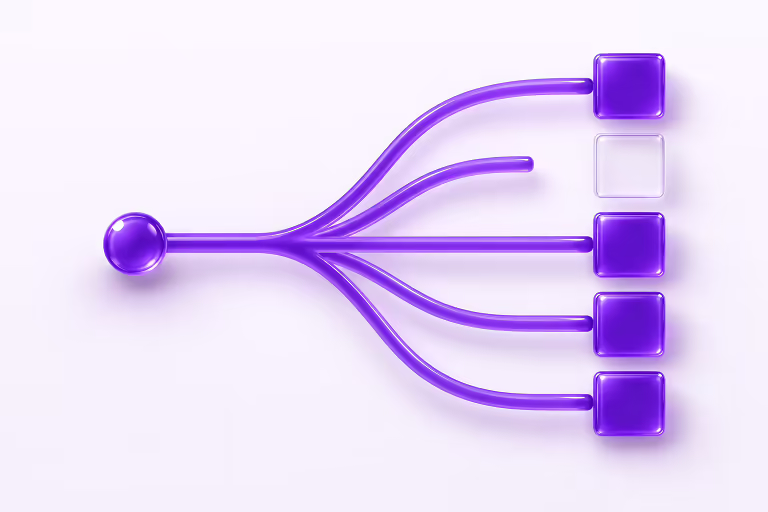Diagram on a pale violet ground showing a single purple glass node branching into five curved paths, four of which reach and fill their receiving plates while one stops short of an empty, unfilled plate.