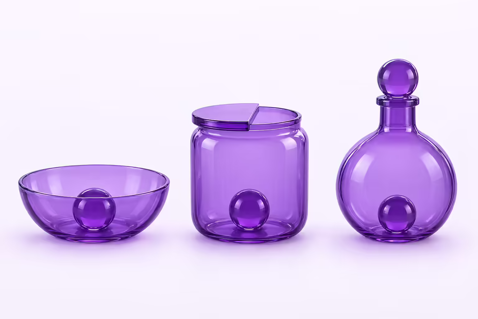 Three deep purple translucent glass vessels in a row on a pale violet ground, each holding one glass sphere: an open bowl on the left, a jar half covered by a flat lid in the middle, and a flask sealed with a fitted stopper and collar on the right.