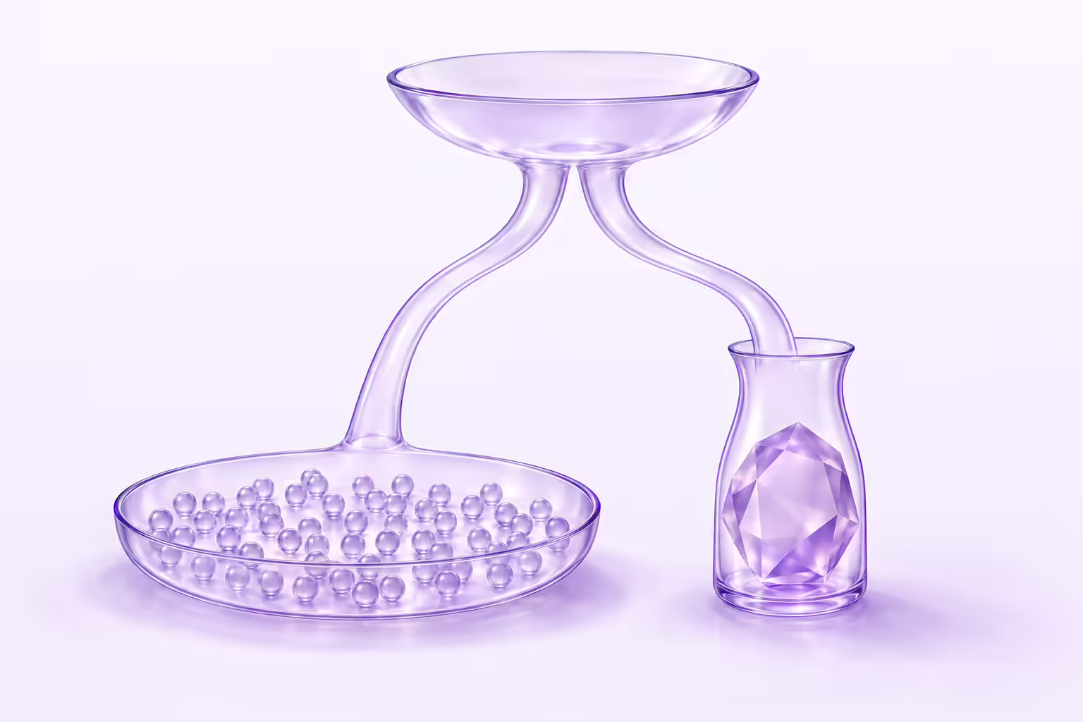 A frosted violet glass basin on a pale violet ground splitting into two channels, the left feeding a wide shallow tray holding dozens of small identical glass spheres and the right feeding a narrow tall vessel holding one large faceted glass crystal.
