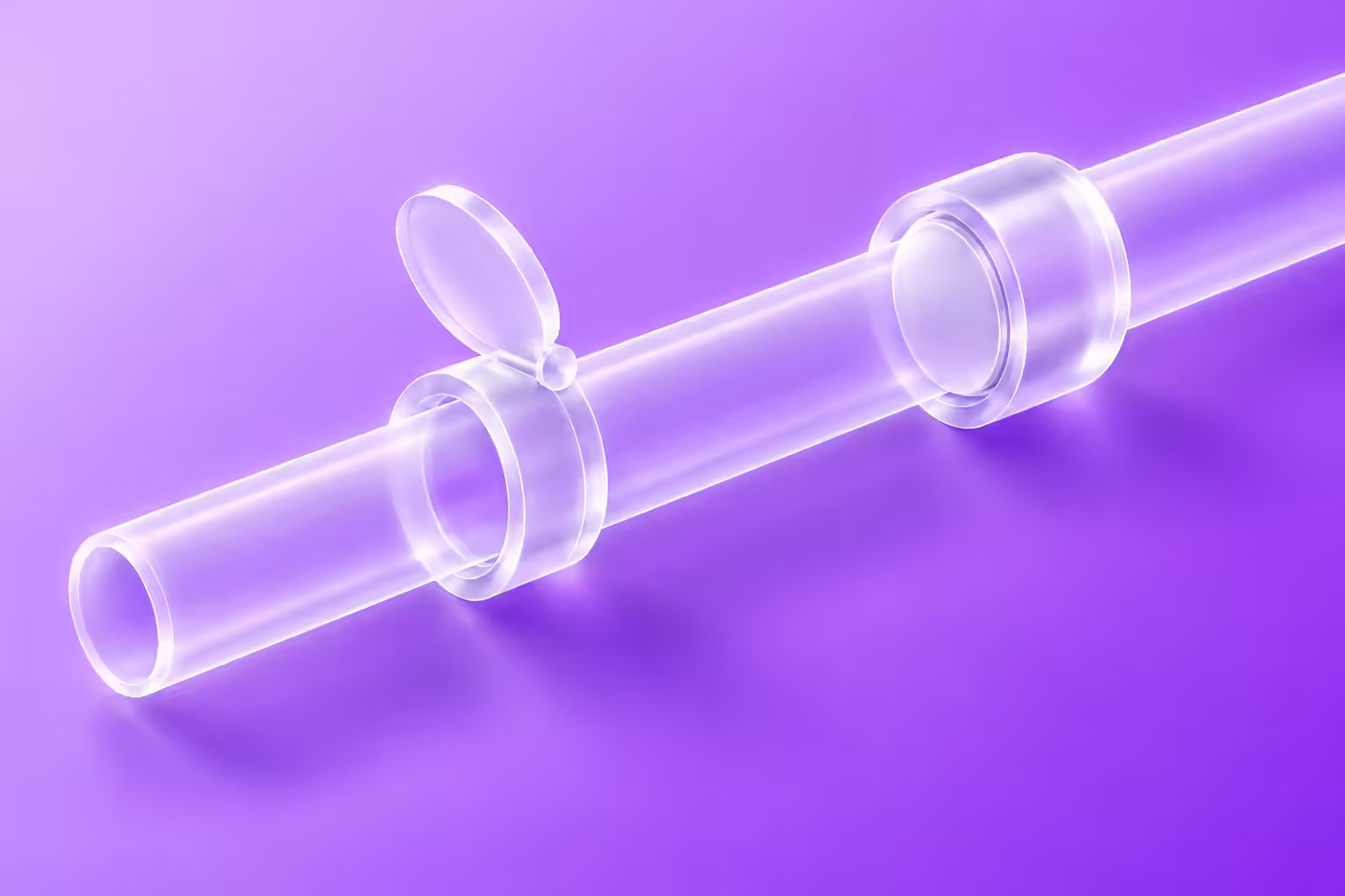 Frosted translucent white glass tube running diagonally across a lavender to violet gradient, crossed at two separate points by two independent glass gate plates, each seated in its own glass collar, one gate tilted open and the other closed flush inside its collar.