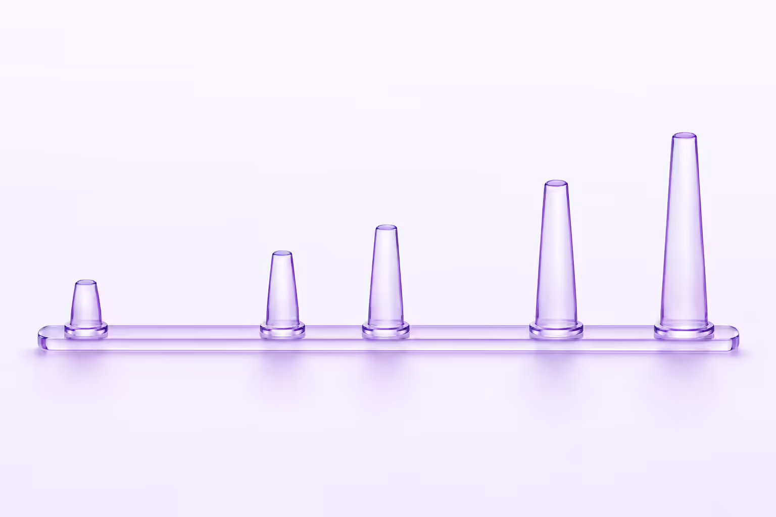 Five frosted violet glass posts of increasing height standing in separate footings along a shallow glass rail on a pale violet ground, with uneven gaps between them.