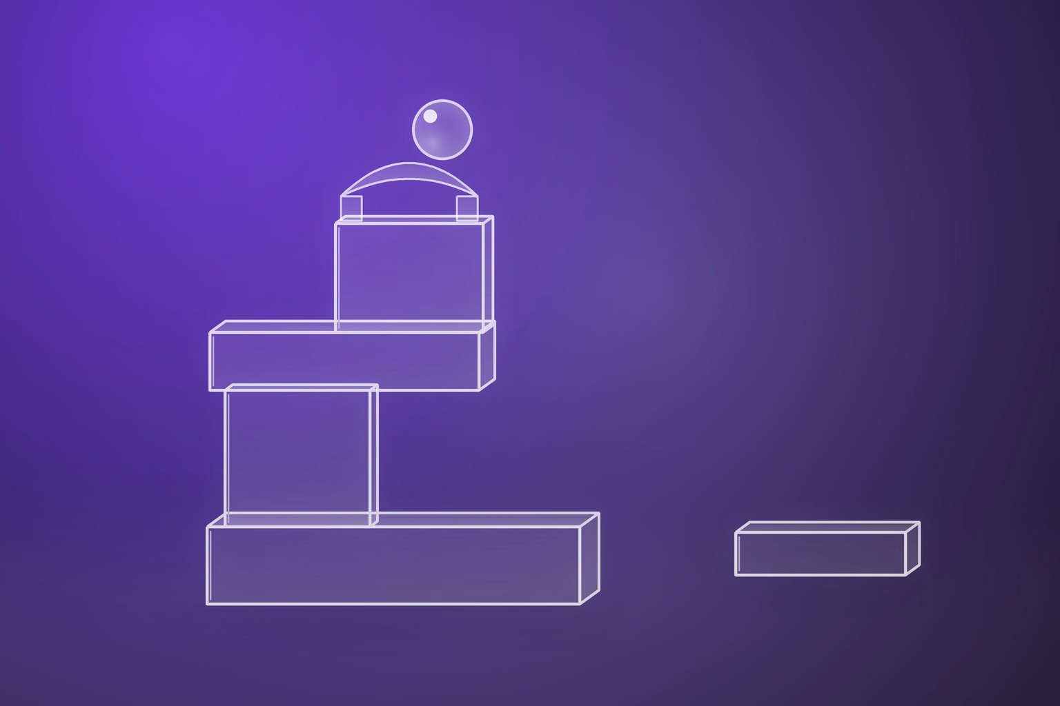 Frosted white glass blocks of unlike sizes stacked off-axis, a shallow arch resting across the top block carrying one glass sphere, and a single low plinth standing apart on the right, on a deep purple ground
