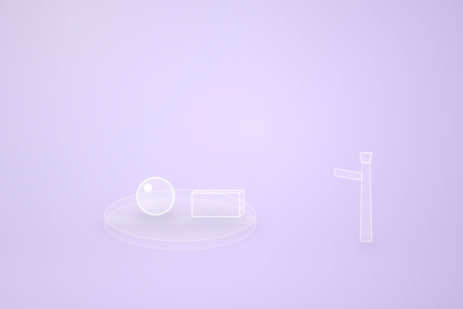 A flat frosted glass disc platform carrying one large glass sphere and a low wide block, with a tall narrow glass mast standing off the platform to the right reaching one short arm back toward it, on a pale violet ground