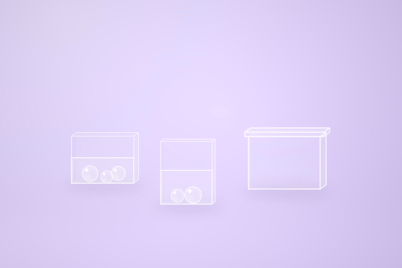 Three frosted white glass bins on a pale violet ground, two standing open with glass spheres resting inside them and the third sealed by an overhanging lid showing nothing