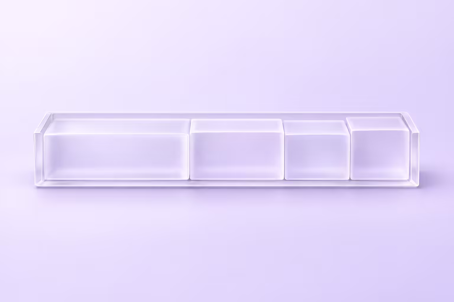 Frosted white glass illustration on a pale violet ground: a shallow glass tray of fixed length with closed end walls, filled end to end by four glass blocks of different widths packed flush together with no space left over.