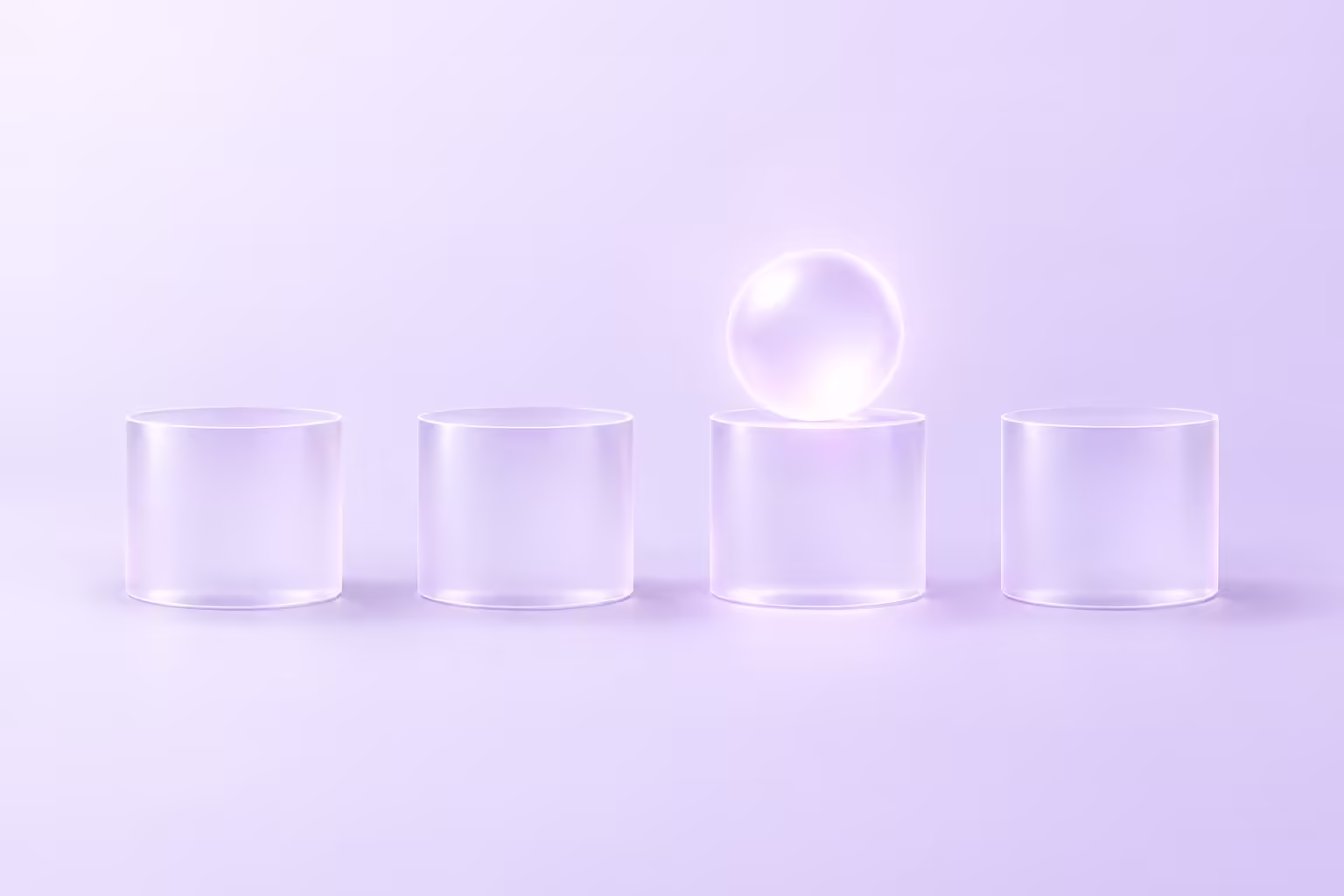 Frosted white glass illustration on a pale violet ground: four identical glass cylinder pedestals in a row, three of them bare, with a single glowing glass sphere resting on the third pedestal from the left.