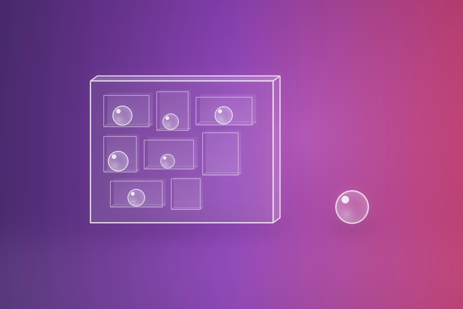 An upright frosted glass cabinet on a violet to magenta gradient ground, its front face carrying eight recessed openings of different widths, heights and depths, staggered rather than gridded. Milky white translucent glass spheres rest inside six of the openings and two openings are empty. Well away to the right, on the open floor and at a lower baseline, one larger glass sphere stands alone with no opening near it. Each object casts one soft diffuse shadow. No text.