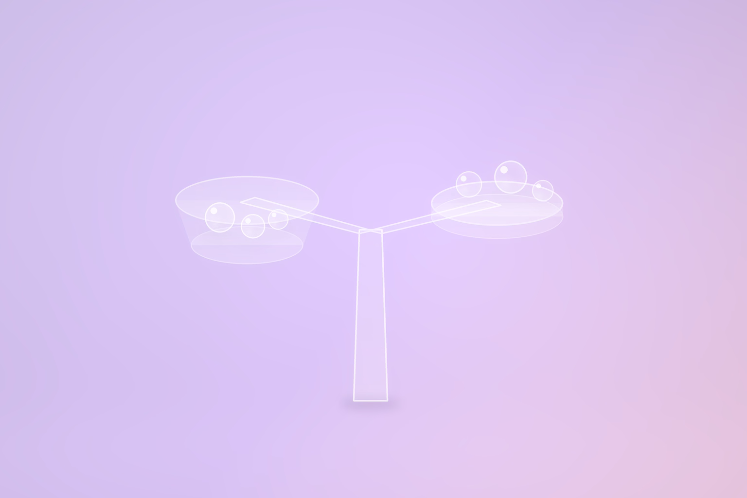 A hollow frosted glass stem rising from a pale violet ground and branching into two unlike arms. The left arm ends in a deep open glass cup holding three milky white spheres inside it. The right arm ends in a shallow sealed glass cap with three spheres resting on top of its closed surface, outside. One soft diffuse contact shadow at the foot of the stem. No text.