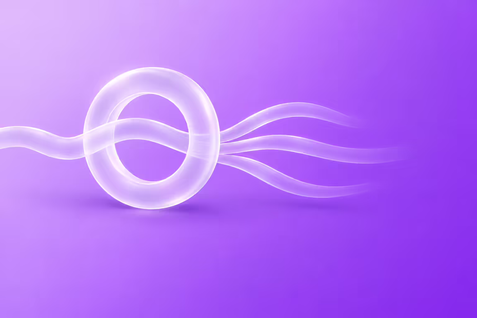 Frosted translucent white glass ring with a glass sound wave passing through it and splitting into three separate ribbons, on a lavender to purple gradient background