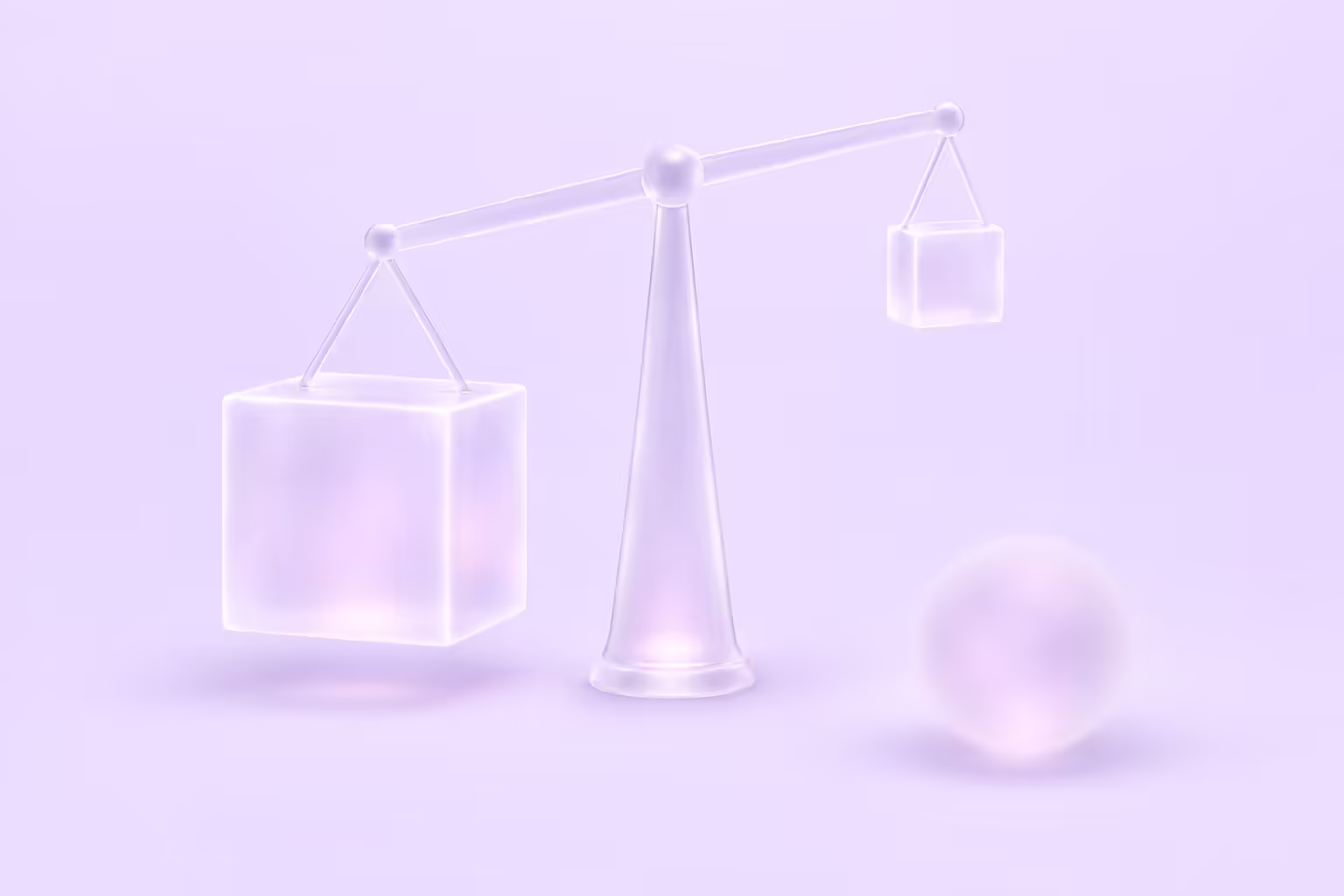 A frosted glass balance scale tipped down to the left under a large glass block while a much smaller block rides high on the right, with a separate soft edged blurry glass sphere resting apart on the ground, on a pale violet background