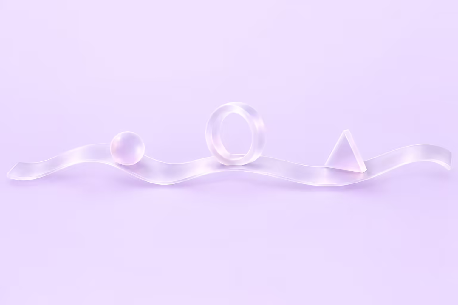 A single frosted glass wave ribbon with three different translucent markers resting on it at separate points, a sphere, an upright ring and a small wedge, on a pale violet background